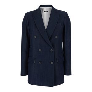 Plain Women Blue Double-Breasted Jacket With Peak Lapels In Tech Fabric